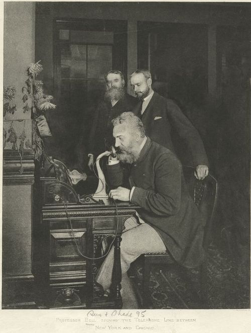Alexander Graham Bell opening a phone line from New York to Chicago. 0